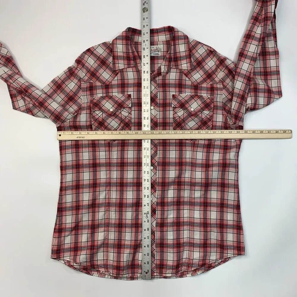 True Religion Western Shirt Mens 3XL XXXL Red Navy Plaid Pocket Snap Button Up